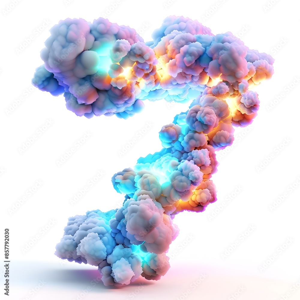Poster glowing 3d rendered number 7 shaped by colorful clouds at dusk on isolated white background