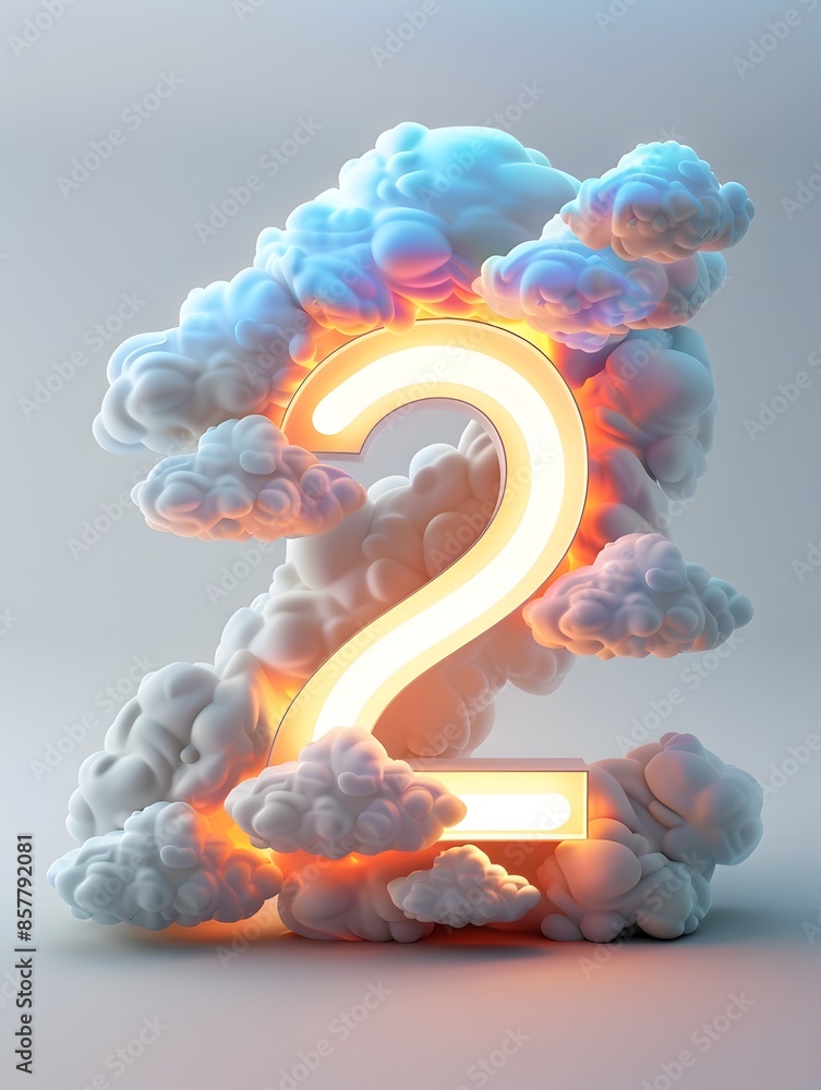 Poster Glowing Cloudy Number 2 Rendering in Twilight Horizon on Isolated Background