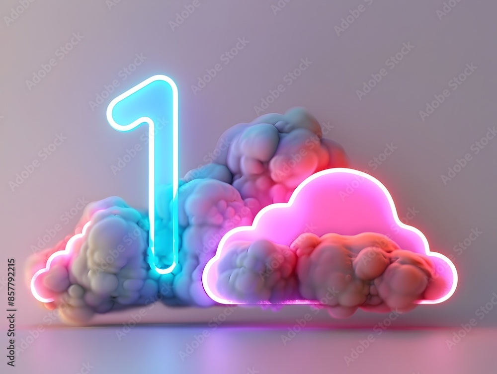 Poster glowing neon-colored clouds shaped as the number 1 in a twilight surreal 3d rendered scene on isolat
