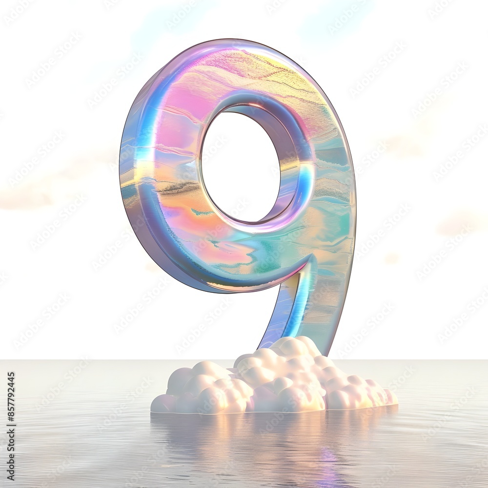 Poster iridescent 3d number 9 floating on calm seas with graffiti backdrop
