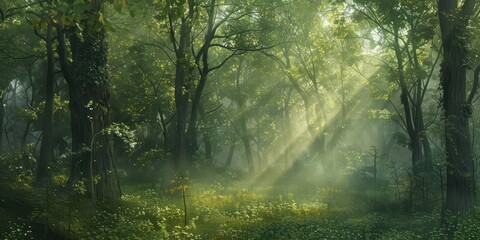 Fototapeta premium Sunburst among the forest trees. Tropical rainforest morning light.