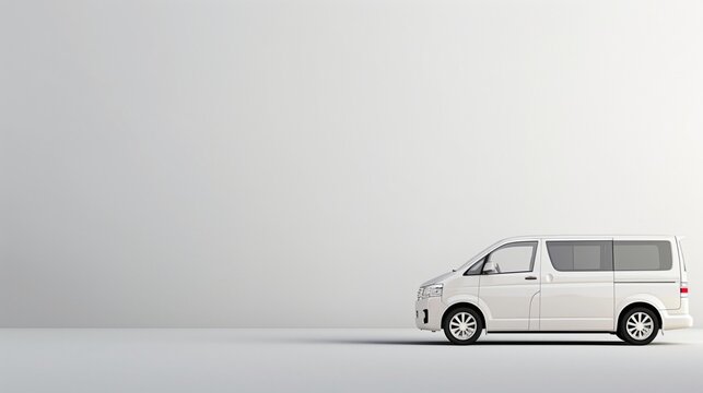 Minimalist white minivan on the right, plain background with left side space for promotional text, perfect for family car advertisements.