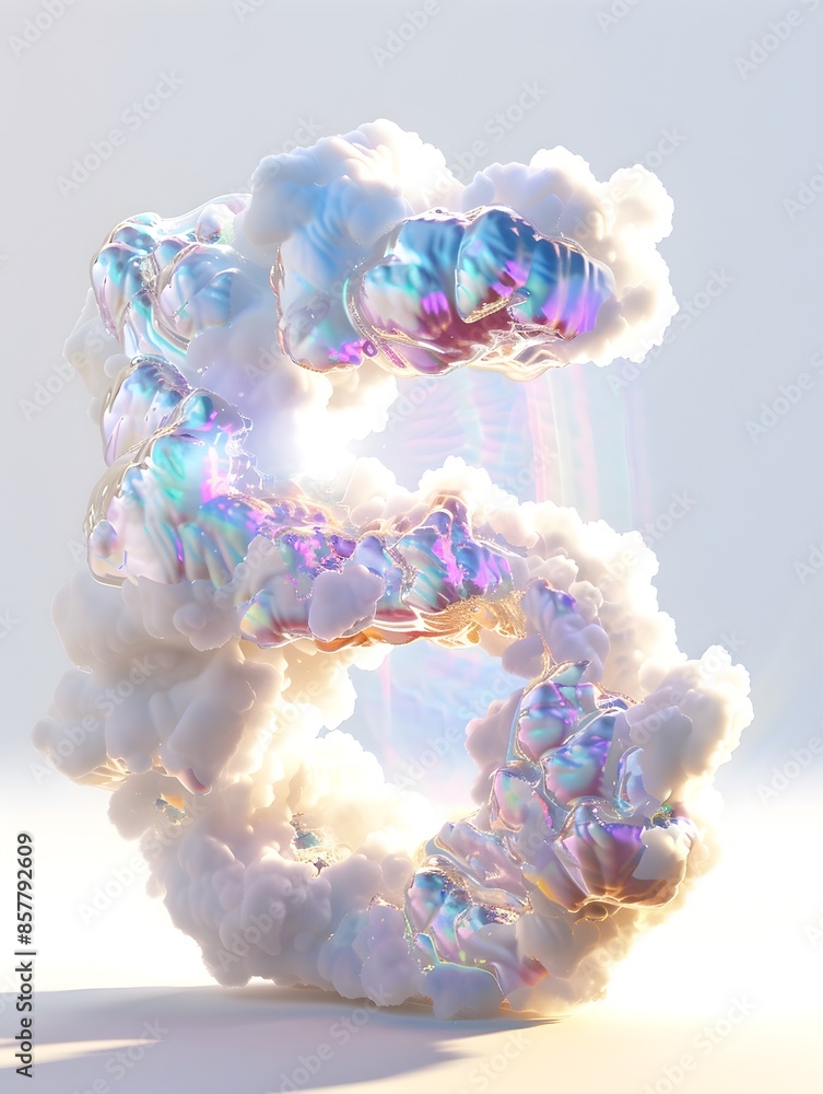 Poster iridescent numerical 3d rendered clouds with vibrant streaming sunlight on isolated white background