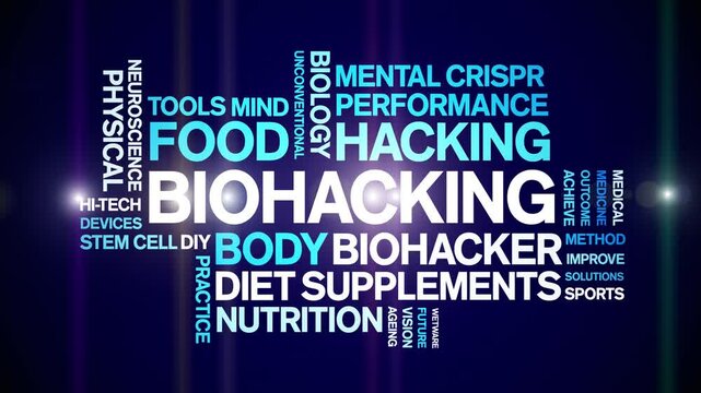 Biohacking animated word cloud;text design animation tag kinetic typography seamless loop.