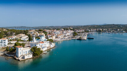 Fototapeta premium Aerial view of Porto Cheli, a luxury seaside retreat at the east edge of the Peloponnese peninsula, Greece
