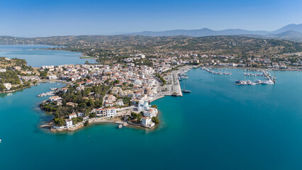 Naklejka premium Aerial view of Porto Cheli, a luxury seaside retreat at the east edge of the Peloponnese peninsula, Greece
