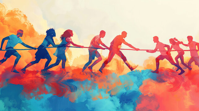 Create a compelling illustration of a team using a rope, symbolizing collaboration, strength, and unity in achieving common goals