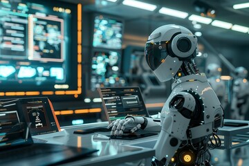 Fototapeta premium Futuristic workspace with ai and robotic support for advanced operations in a high tech setting