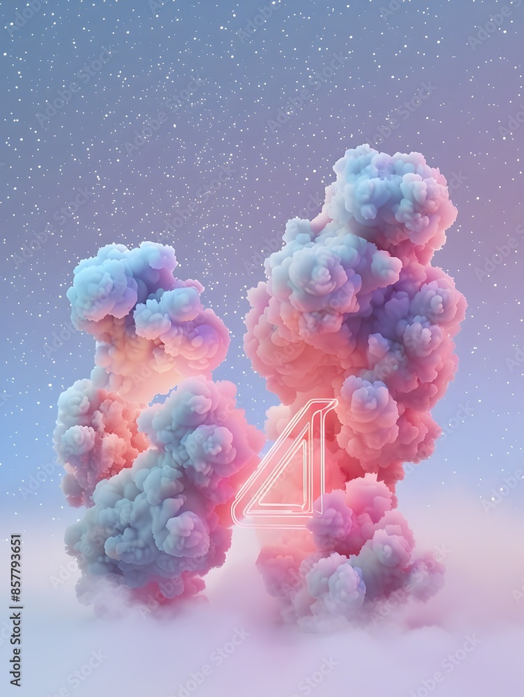 Poster Neon Clouds Sculpted into the Shape of the Number 4 Against a Starry Background