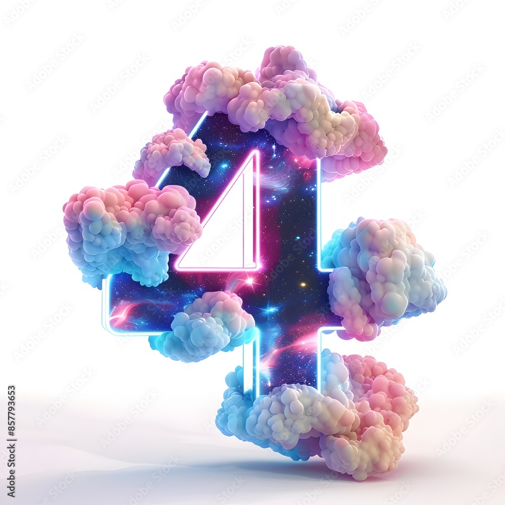 Poster neon clouds sculpted in the shape of a vibrant 3d rendered number 4 against a starry cosmic backgrou
