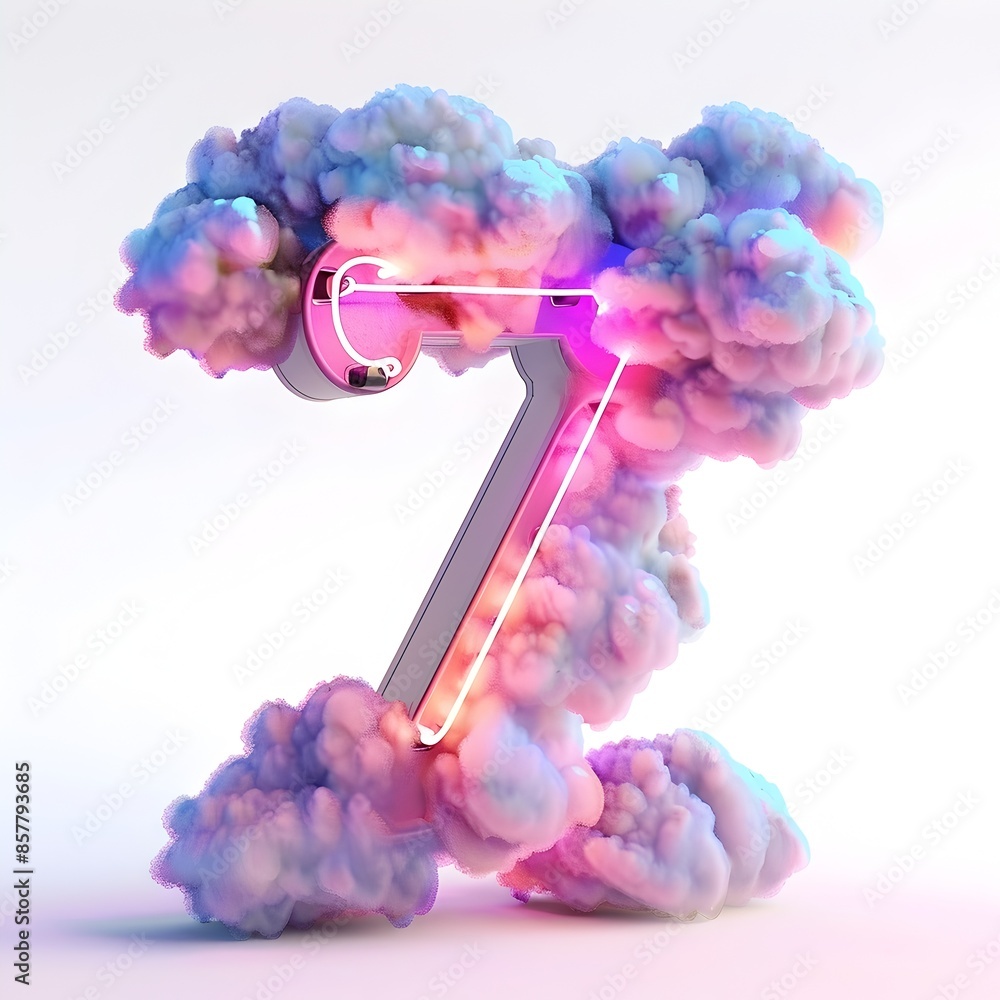 Poster neon cloud-shaped number 7 in a dusk setting with graffiti-inspired background