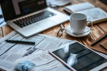 Latest news feed  newspaper, tablet, and mobile phone on desk in high quality image
