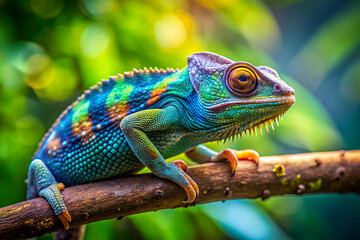 Fototapeta premium Colorful chameleon on a branch, displaying vibrant hues against a lush natural background.