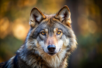 Close-up portrait of a wolf with intense amber eyes, set against a blurred natural background.