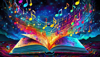 本から溢れ出すカラフルな音符