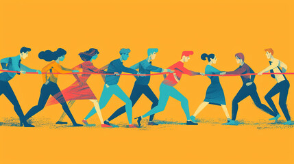 Obraz premium Create a compelling illustration of a team using a rope, symbolizing collaboration, strength, and unity in achieving common goals