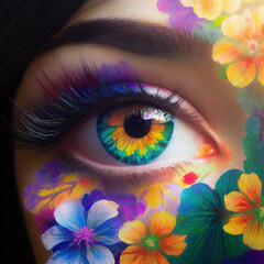カラフルでダイナミックなメイクの女性　花