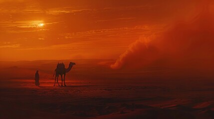 Enigmatic silhouette of a person walking through a desert with a camel.