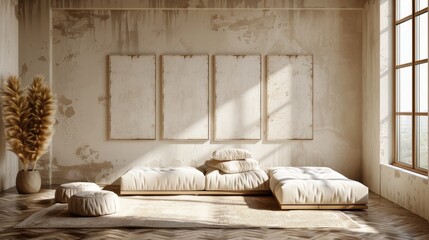 A minimalist, modern interior design featuring three blank picture frames above a plush white sofa in a sunlit room with a large window