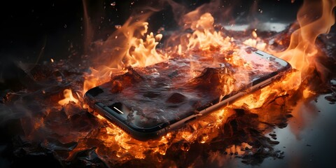 Smartphone explodes due to overcharging causing fire and melting from overheating. Concept Smartphone Safety, Overcharging Risks, Fire Hazards, Device Maintenance