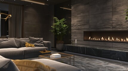 A luxurious living room with a textured grey stone accent wall and a sleek, low-profile gas...