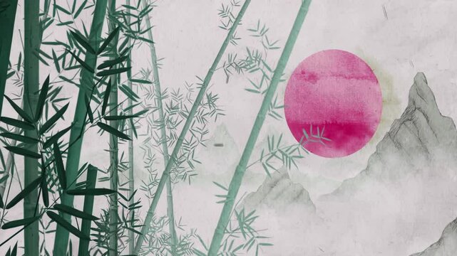 Mysterious landscape China's traditional Oriental Digital Art animation, Chinese retro painting ink misty mountain bamboo sun with flowers, tree, birds, river in fog background.  scenery artwork