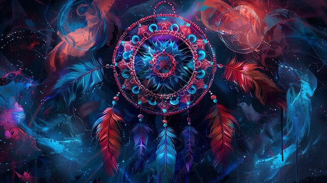 Dream catcher with feathers and beads. Boho style. 3d rendering