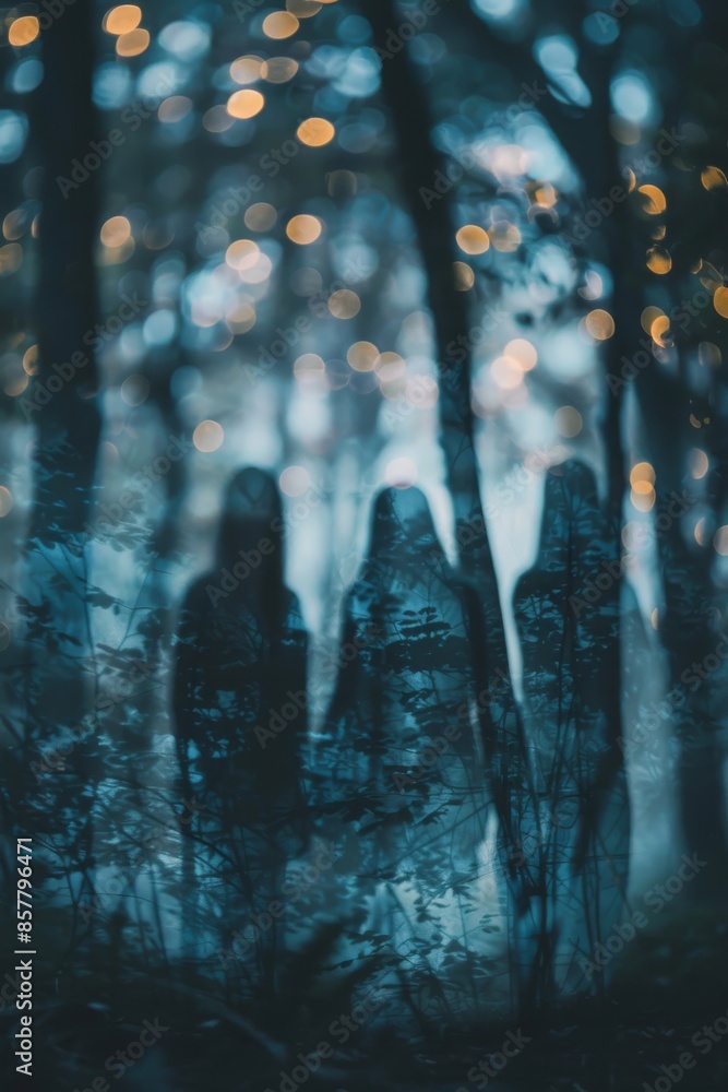 Poster ghostly figures in serene bokeh background