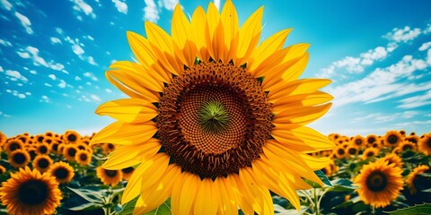 Obraz premium Traditional woodcut sunflower in field facing viewer classic style detailed and striking. Concept Traditional Art, Woodcut Illustration, Sunflower Field, Classic Style, Detailed Design