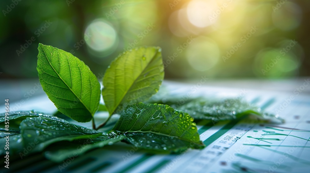 Poster in a clean and minimalistic setting, green leaves are placed on a financial report featuring bar cha