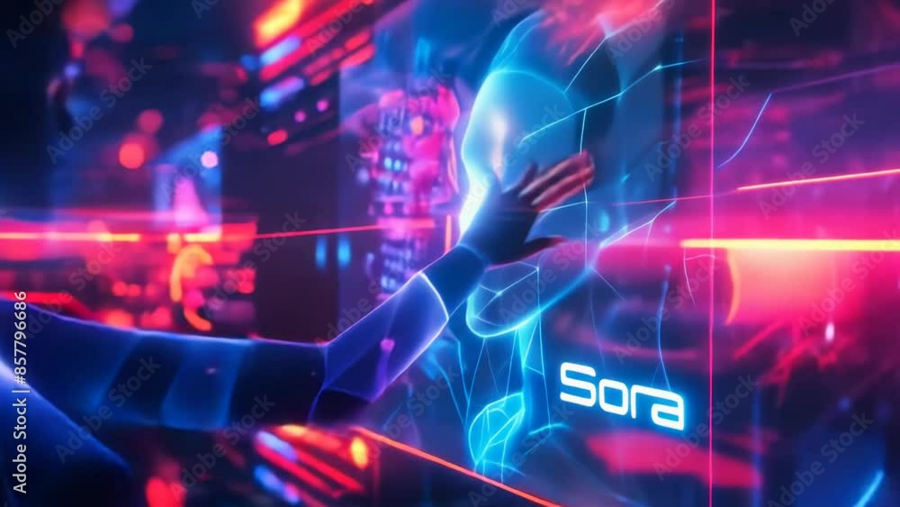 Poster ethereal cybernetic entity sora - digital neural network with human-like face illustrating ai and hu