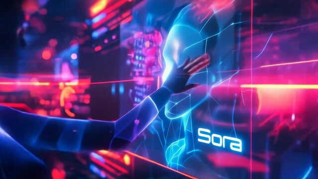 Ethereal Cybernetic Entity Sora - Digital Neural Network with Human-like Face Illustrating AI and Human Cognition Convergence in Neon, High-Tech Environment