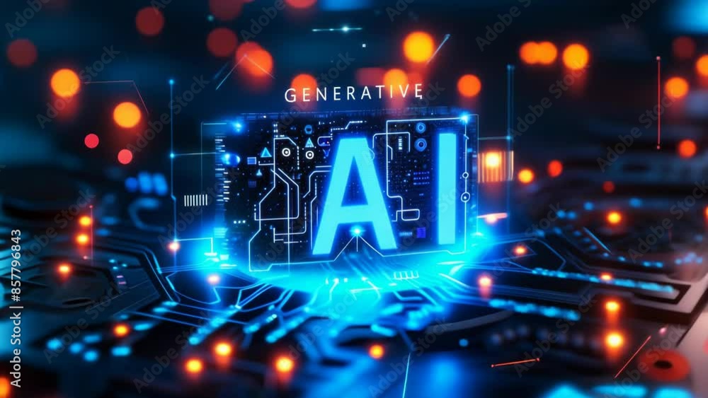 Poster futuristic generative ai concept with glowing blue text on digital circuit board background, represe