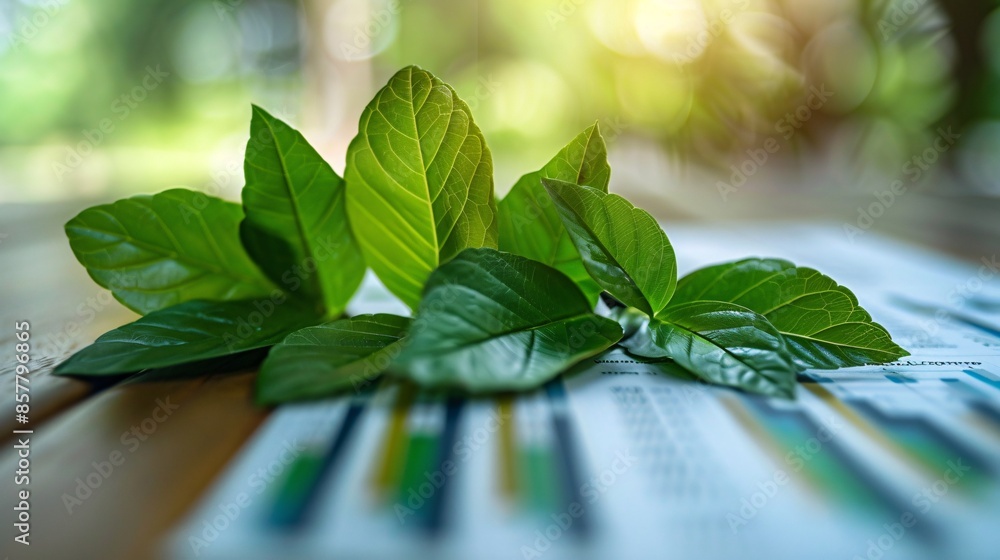 Poster in a clean and minimalistic setting, green leaves are placed on a financial report featuring bar cha