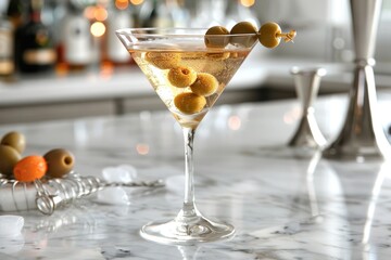 A classic martini cocktail in a chilled glass, garnished with a green olive on a cocktail pick.