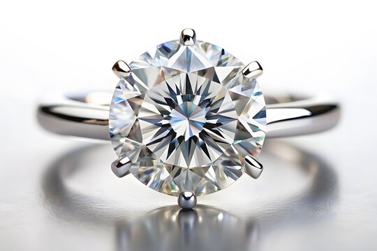 Round Cut Diamond Engagement Ring On White Background.