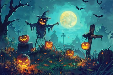 Halloween Celebration with Scarecrows Illustration