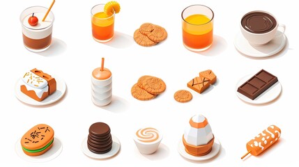 D icon set pictogram in top angle perspective ( icons are as follows: chocolate, cookies, juice, yogurt, ice cream