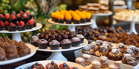 Obraz premium Gala dessert station featuring decadent treats for guests to enjoy. Concept Gala Dessert Station, Decadent Treats, Guest Enjoyment, Sweet Indulgence, Elegant Display