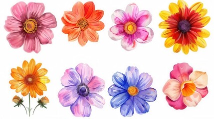 Obraz premium Diverse set of watercolor flowers on a white background, each uniquely depicted with luminous colors and intricate, delicate textures