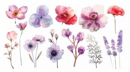 Graceful collection of watercolor flowers on a white background, showcasing different petals and blossoms in a harmonious blend of colors
