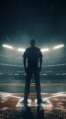 Fototapeta premium Baseball Player Standing in the Middle of a Baseball Stadium with Copy Space Area. AI-Generated High-Resolution Wide Banner Wallpaper.