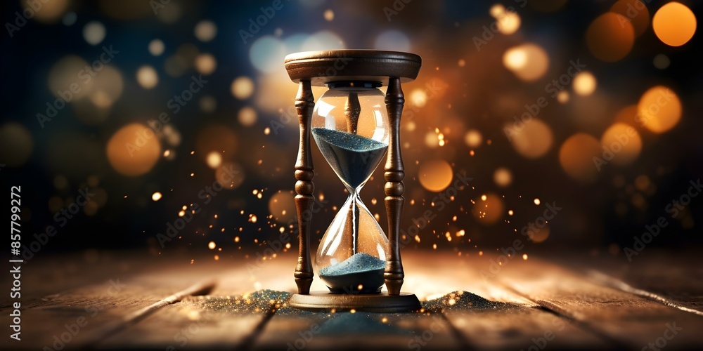 Poster hourglass with sand falling symbolizing passing time against dark neural network backdrop. concept h
