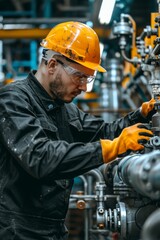 A technician in a hard hat and safety glasses carefully inspects a water pipe in an industrial setting