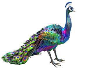 Obraz premium A vibrant, colorful peacock with iridescent feathers stands against a white background, showcasing its stunning plumage.