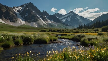 A breathtaking and detailed image of a majestic mountain range, highlighting the contrast between rugged mountains and lush valleys, and capturing the essence of an awe-inspiring natural landscape