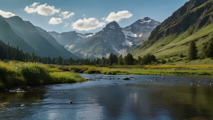 Fototapeta premium A breathtaking and detailed image of a majestic mountain range, highlighting the contrast between rugged mountains and lush valleys, and capturing the essence of an awe-inspiring natural landscape