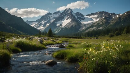 A breathtaking and detailed image of a majestic mountain range, highlighting the contrast between rugged mountains and lush valleys, and capturing the essence of an awe-inspiring natural landscape
