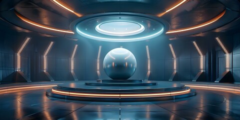 Futuristic arena with a central glowing orb creating a captivating atmosphere. Concept Futuristic Setting, Glowing Orb, Captivating Atmosphere, Arena Concept