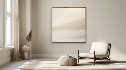 A minimalist living room with a luxurious touch, featuring a single, bold piece of minimalist art in a brushed bronze frame